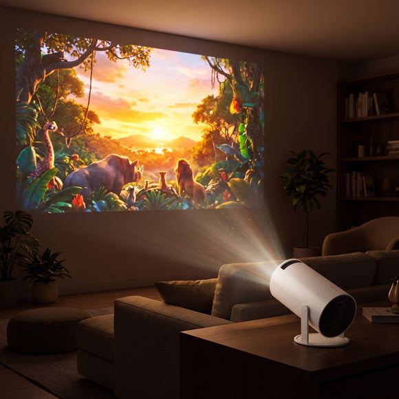 Proyector portátil proyectando una película en la pared